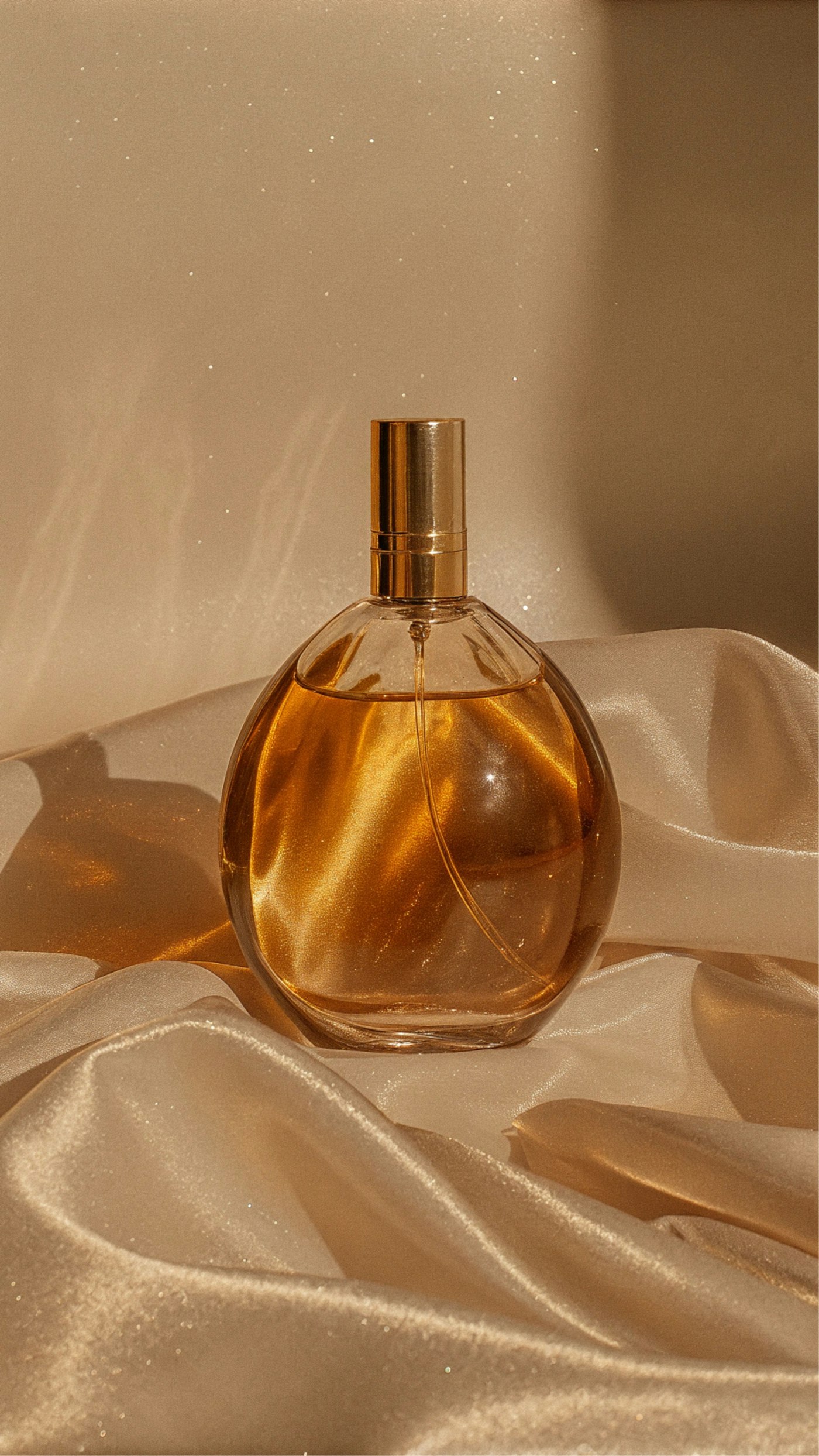 Round perfume bottle on draped champagne satin